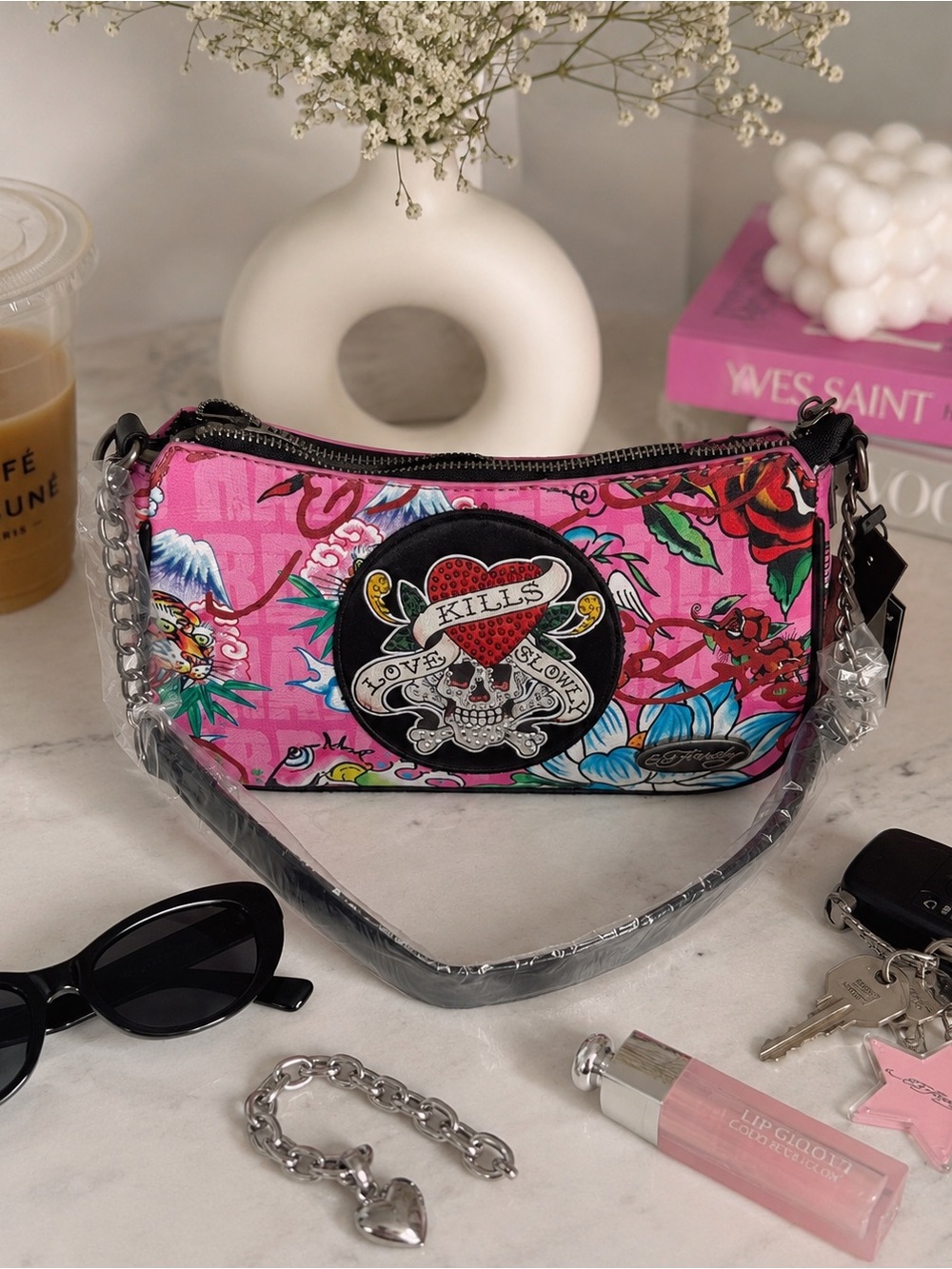 NWT Ed Hardy Pink Rhinestone Skull Tattoo Y2K Shoulder Bag Purse